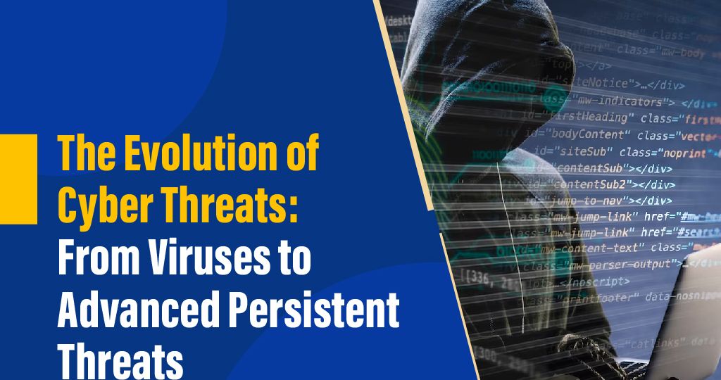 Illustration depicting the evolution of cyber threats from viruses to advanced persistent threats (APTs).