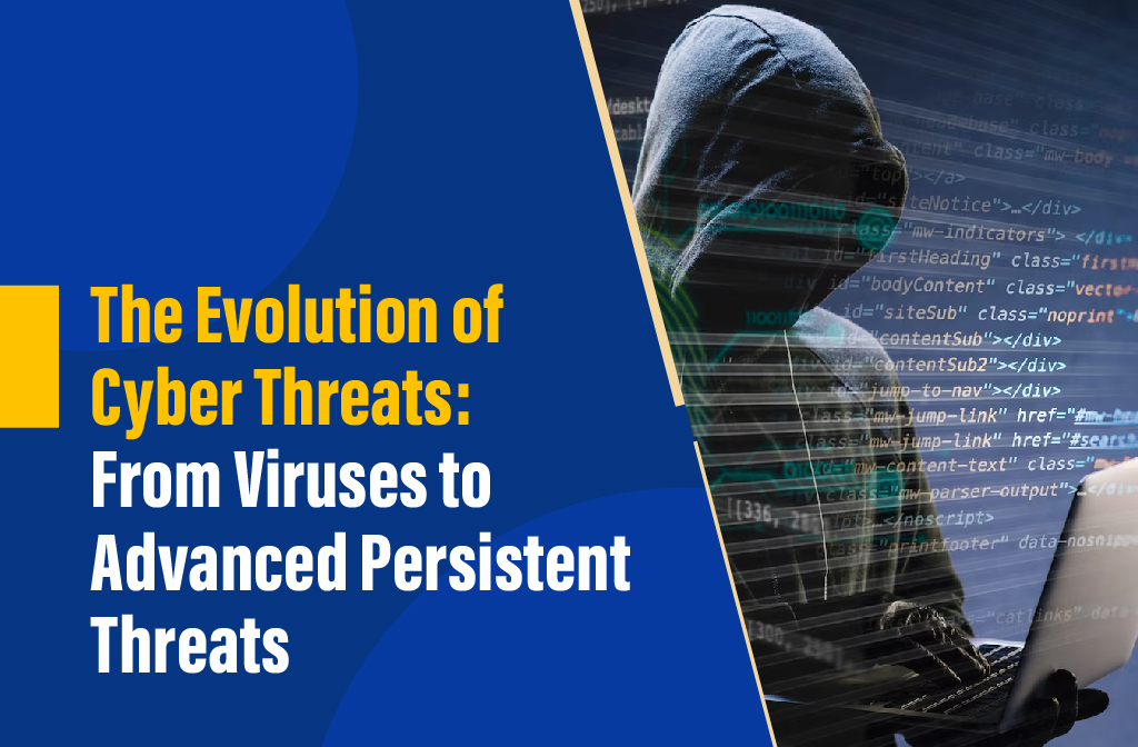 Illustration depicting the evolution of cyber threats from viruses to advanced persistent threats (APTs).